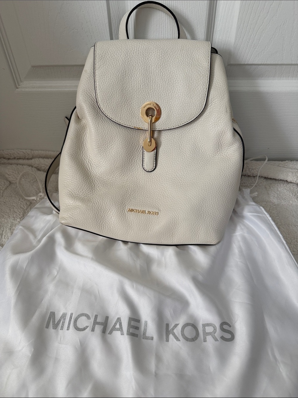 Michael Kors Off-White Pebbled Leather Backpack with Gold Hardware